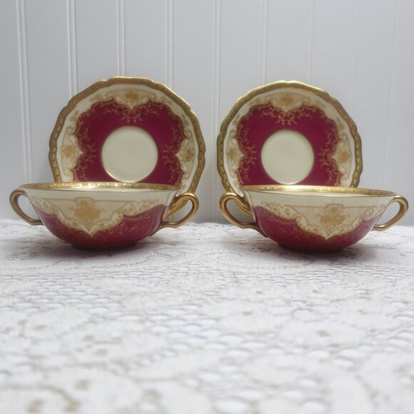 Black Knight Regina Bouillon Cups & Saucers Set of 2 Maroon Red Gold Trim